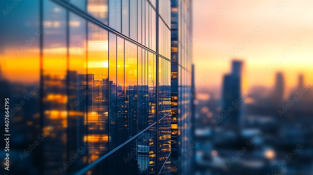 Mood enhancing urban sunset captured in glass windows of contemporary skyscrapers : Generative AI