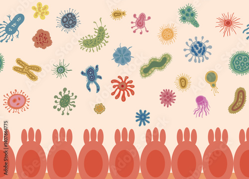 A vector medical illustration depicting bacteria inside the intestine, floating above the intestinal mucosa, representing the gut microbiome