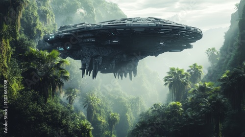 Fototapeta Naklejka Na Ścianę i Meble -  Spaceship hovering above lush jungle during a misty dawn