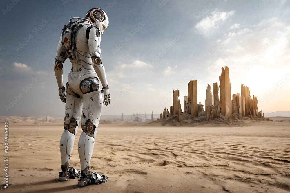 Futuristic humanoid robot standing alone in a desert landscape with ruined structures beneath a cloudy sky