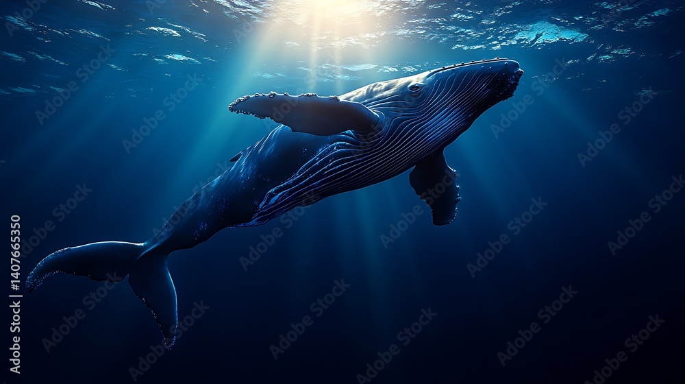Stunning underwater view of humpback whale in vast ocean illuminated by sunlight : Generative AI
