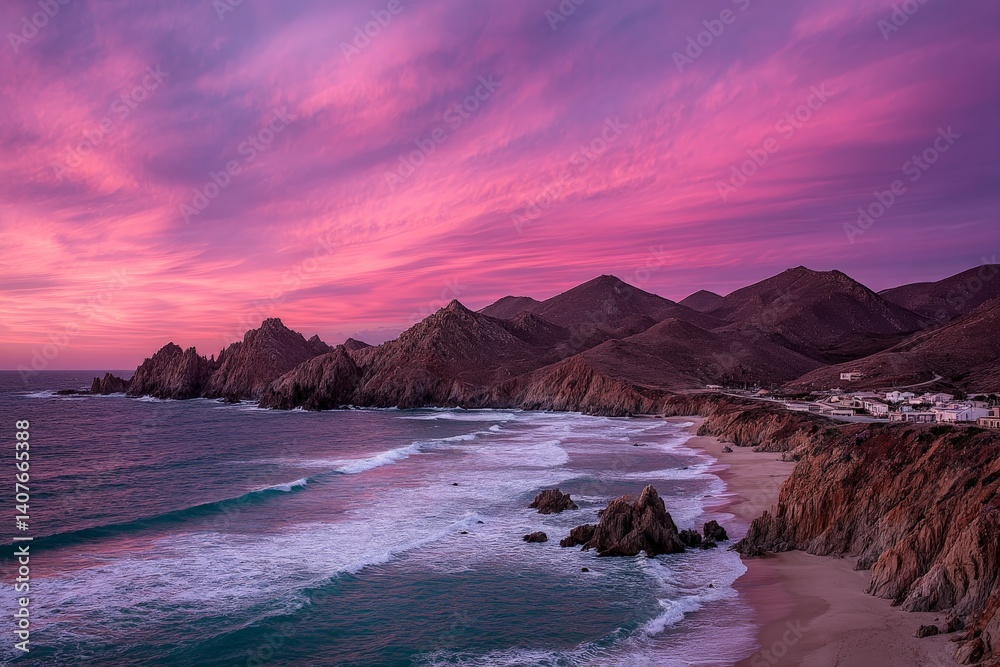 Obraz premium Sunset over the coastal cliffs and waves at a beach in Baja California Sur during a serene evening