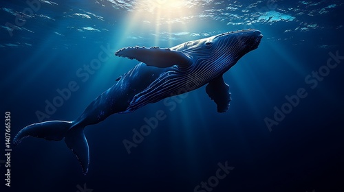 Obraz na płótnie Stunning underwater view of humpback whale in vast ocean illuminated by sunlight : Generative AI w salonie