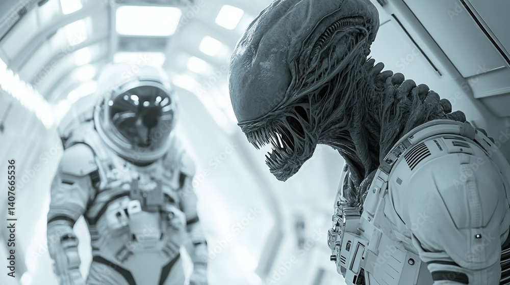 Astronaut confronting alien creature in futuristic spaceship corridor