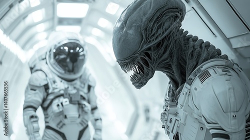 Obraz na płótnie Astronaut confronting alien creature in futuristic spaceship corridor w salonie