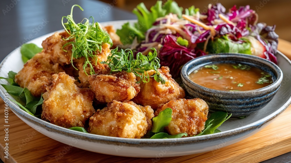 Crispy fried food pieces with salad and dipping sauce Crispy fried food pieces with salad and dipping sauce