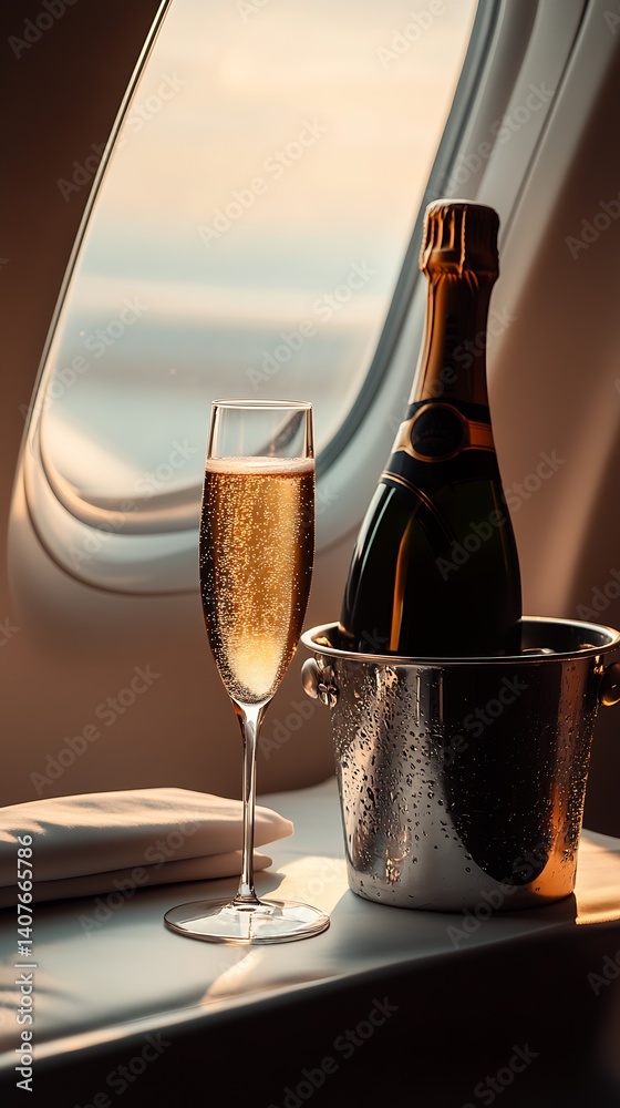 Luxurious Champagne Flute with Bubbles Next to Ice Bucket of Fine Champagne Bottles in Airplane Environment : Generative AI