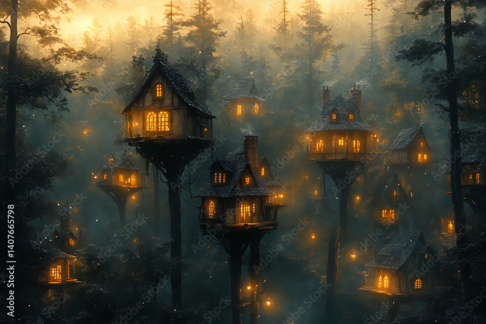 Enchanted treehouses in mystical forest glowing with warm lights at dusk