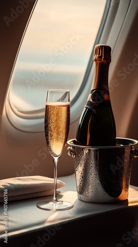 Luxurious Champagne Flute with Bubbles Next to Ice Bucket of Fine Champagne Bottles in Airplane Environment : Generative AI
