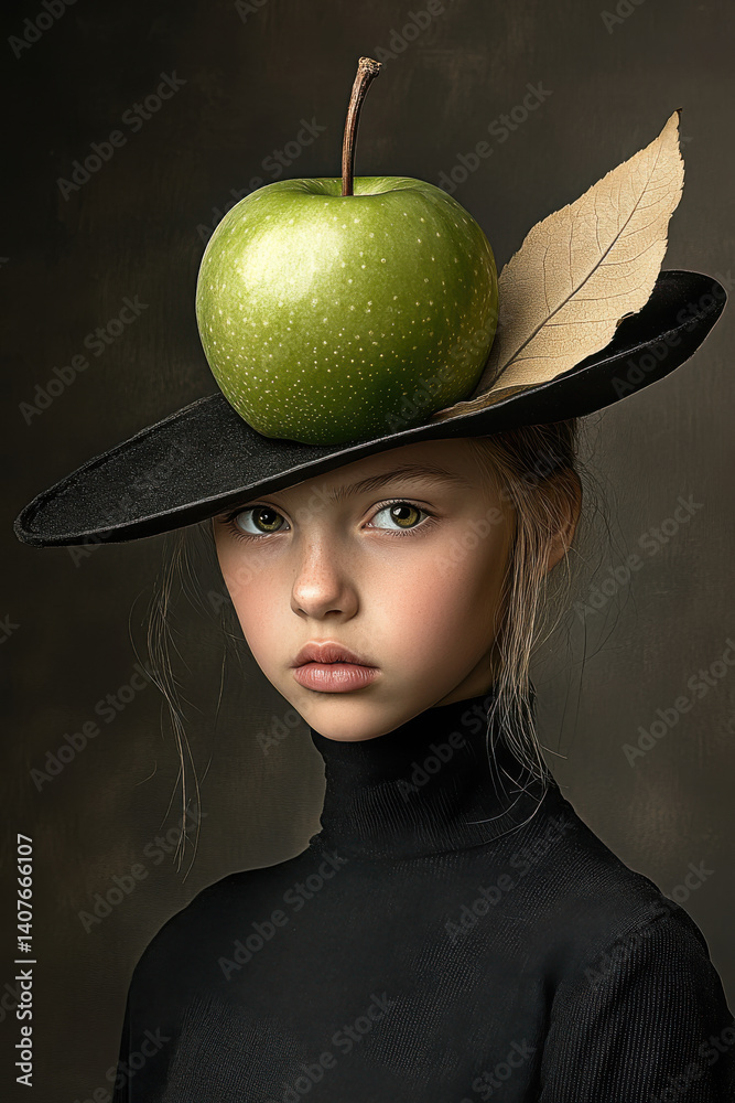 Young girl with fashionable black hat featuring green apple and leaf in creative portrait