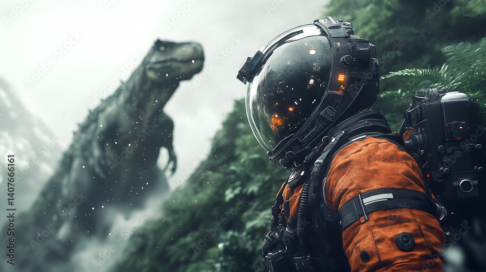 Astronaut encounters dinosaur in prehistoric forest: science fiction adventure with space explorer and t-rex