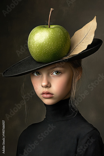 Young girl with fashionable black hat featuring green apple and leaf in creative portrait