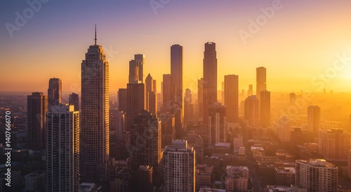 A stunning cityscape at sunset, showing towering skyscrapers bathed in warm golden light. The soft, hazy atmosphere adds a serene and majestic feel to the urban skyline.