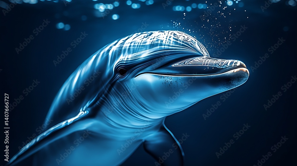 Joyful dolphin blowing bubbles while swimming in the tranquil blue waters of the ocean : Generative AI