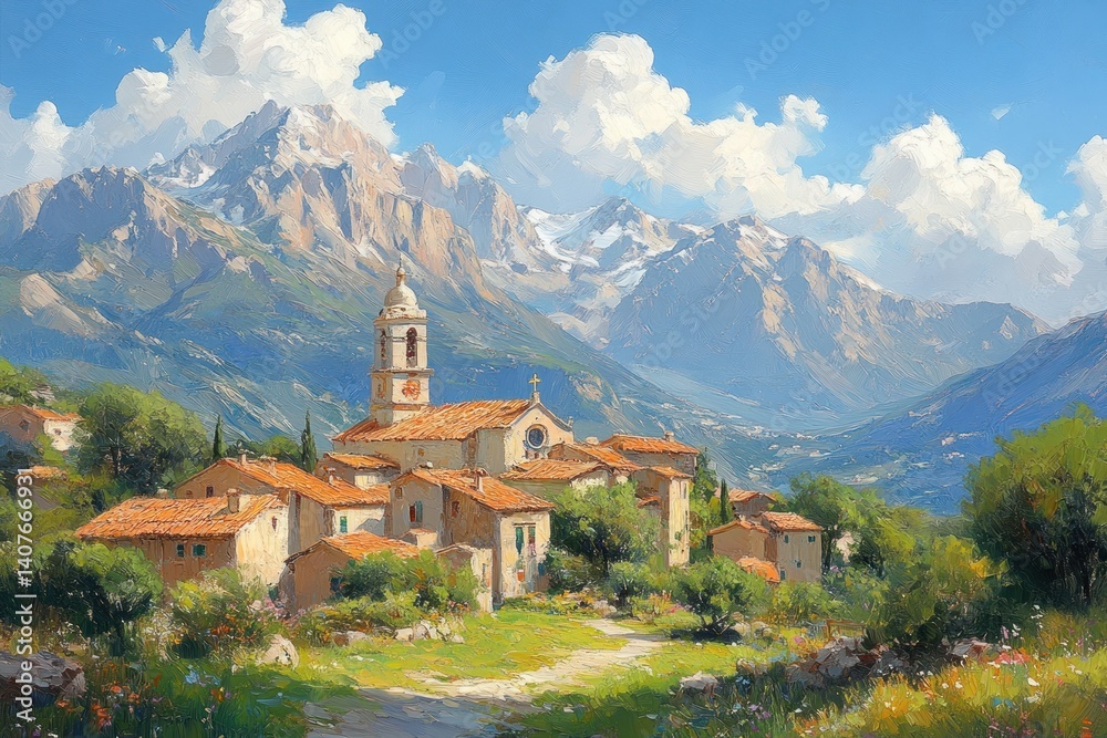 Fototapeta premium European Town Landscape with Cathedral Mountains Summer Afternoon