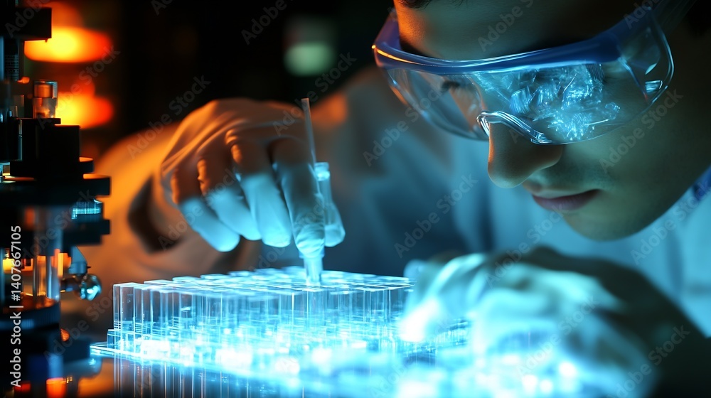 Focused Young Researcher Conducting an Experiment with Test Tubes in a High-Tech Lab : Generative AI