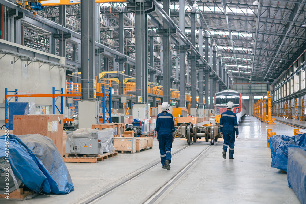 train engineer working check inspecting railway track at Train station, advance engineering