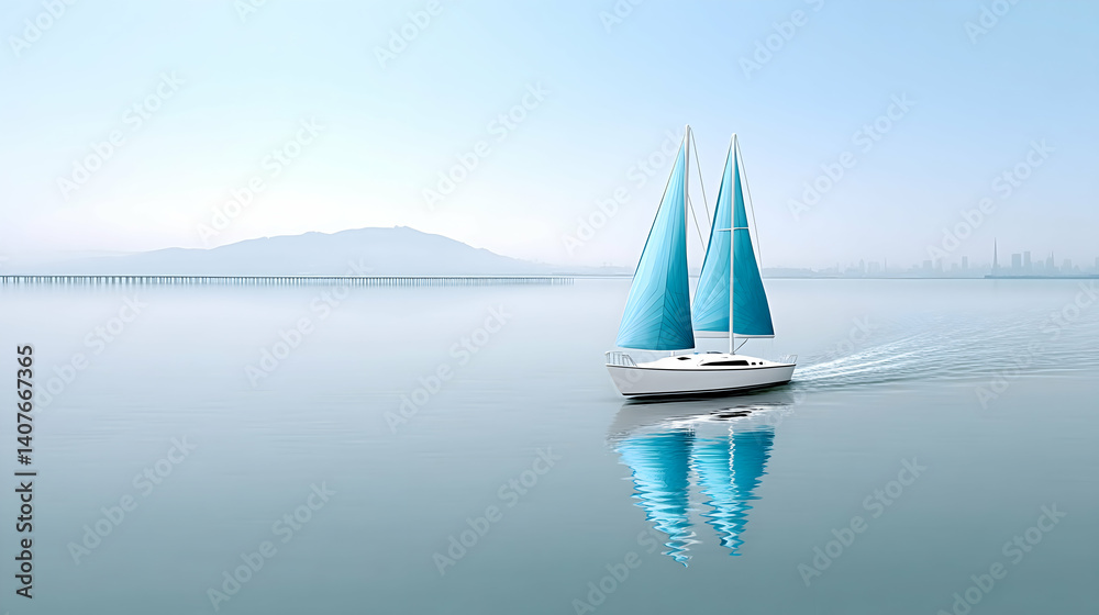 Fototapeta Serene sailboat glides across calm water, reflecting a hazy cityscape and distant mountains