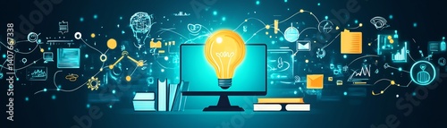 Obraz na płótnie Online learning concept with icons of a computer, book, and light bulb on a digital screen, symbolizing educational technology and elearning tools, vibrant design w salonie