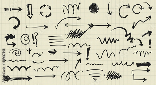 Hand drawn arrow collection diverse design elements for graphic projects notebook sketch style with