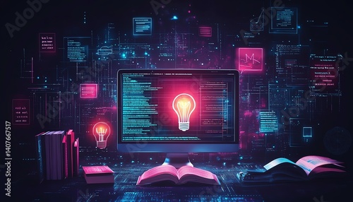 Online study materials concept with icons of a computer, book, and light bulb on a digital screen, symbolizing digital learning, educational tools, and resources