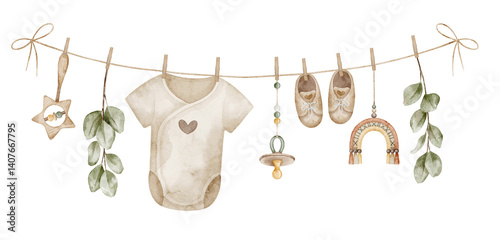 Watercolor baby illustration with clothing and accessories hanging on a clothesline. Onesie, shoes, rattle, pacifier and leaves. Drawing of childish garland for baby shower or newborn invitations.
