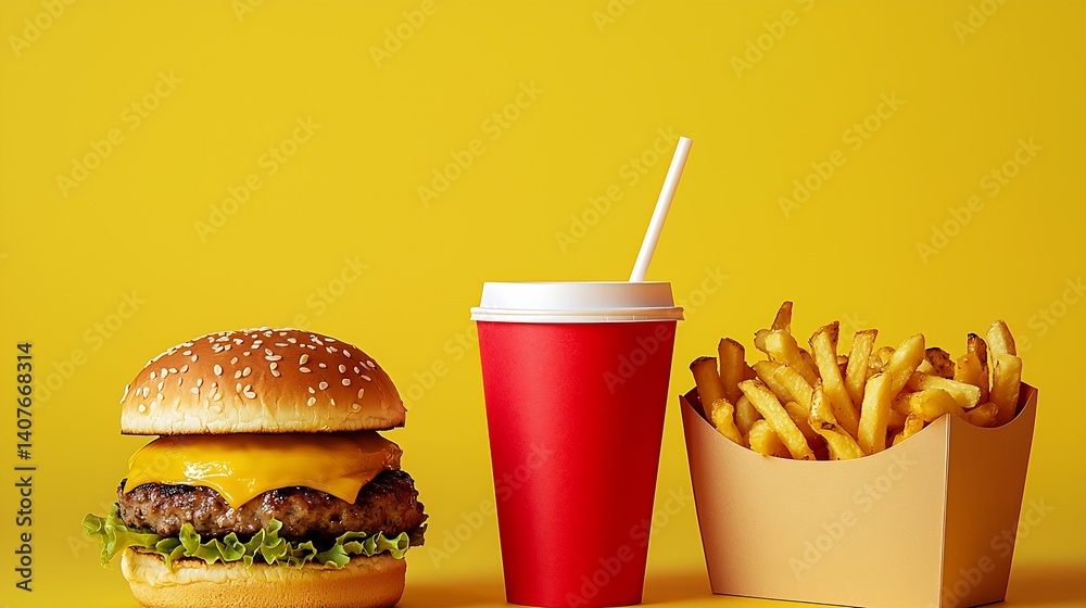 Vibrant fast food combination featuring hamburger, fries, and drink against yellow background : Generative AI