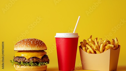 Vibrant fast food combination featuring hamburger, fries, and drink against yellow background : Generative AI