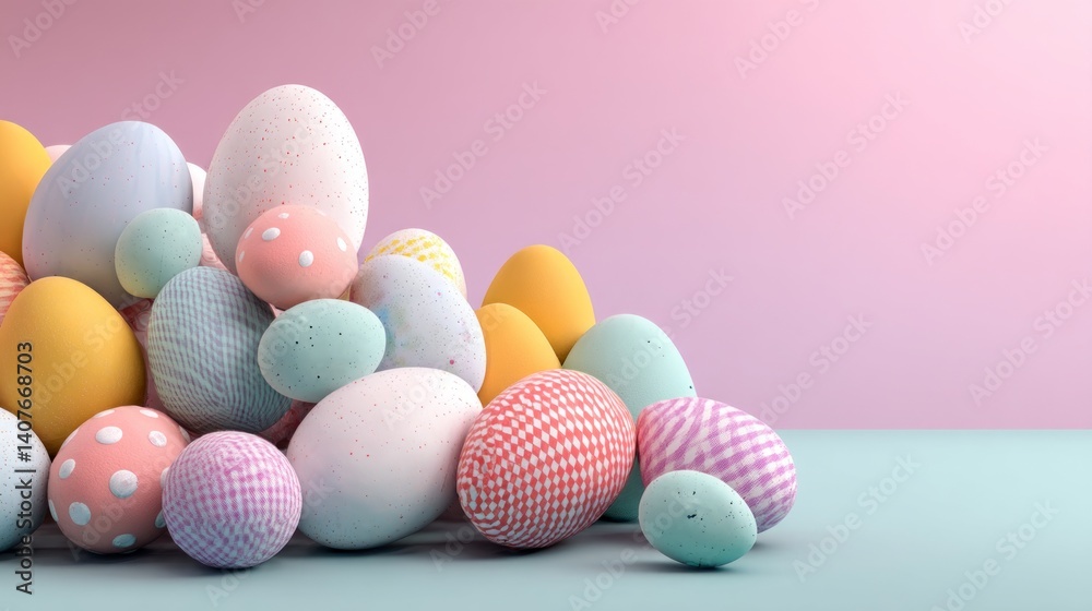 Easter decoration handmade crafts seasonal centerpieces. Festive Pastel Colored Easter Egg Pile on Blue Table With Soft Pink Background For Spring Holiday. Easter decoration handmade crafts seasonal centerpieces. Festive Pastel Colored Easter Egg Pile on Blue Table With Soft Pink Background For Spring Holiday.