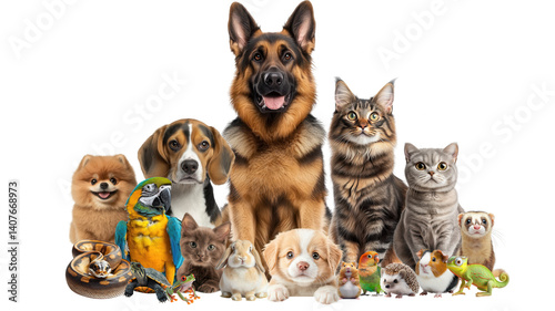 Veterinary advertisement concept featuring a group of domestic animals. Group of domestic pets including dogs cats birds reptiles and small mammals sitting together