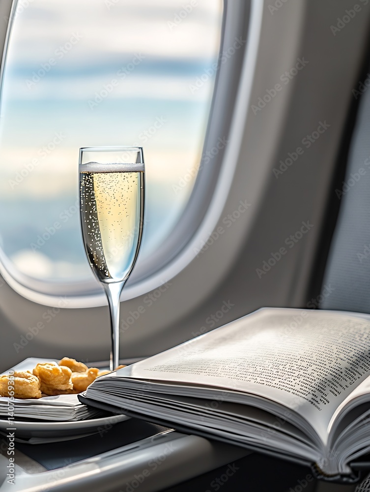 Luxurious airplane window view featuring champagne, book, and snacks for an elegant travel experience : Generative AI