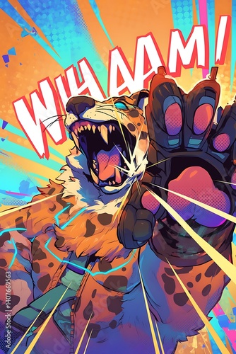 WHAM!  A Roaring Jaguar Unleashed in a Burst of Neon Energy photo