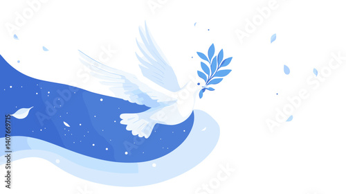 White dove carrying olive branch with flying petals on soft blue

