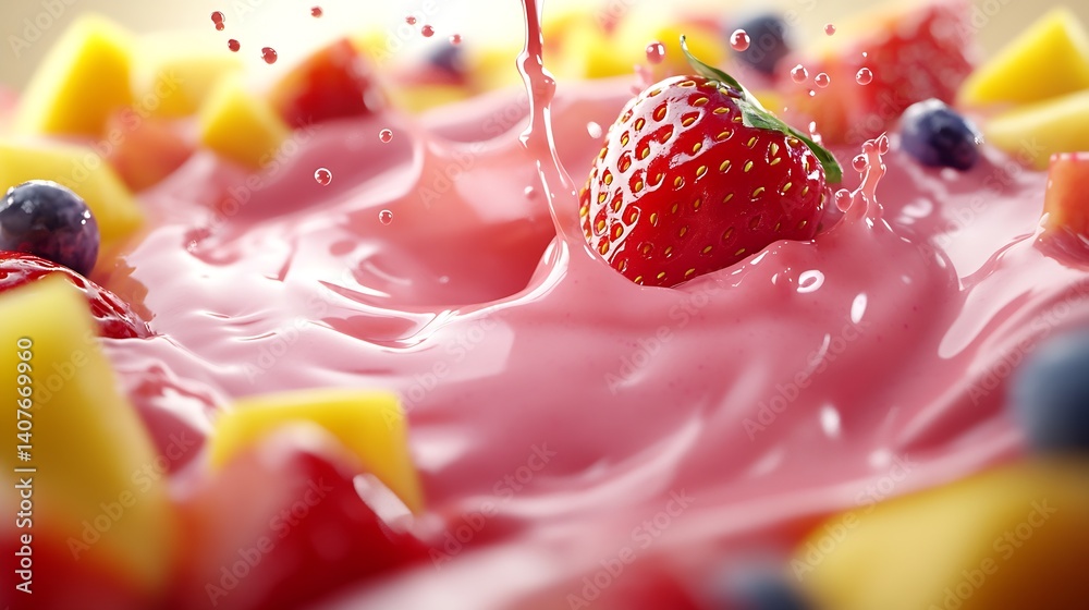 Dynamic image of pink yogurt splash featuring strawberries and blueberries surrounded by tropical fruit chunks : Generative AI