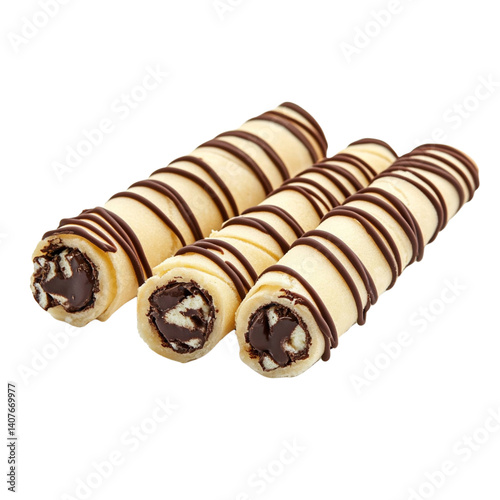 A photograph of three striped wafer rolls with chocolate filling, isolated on a transparent background