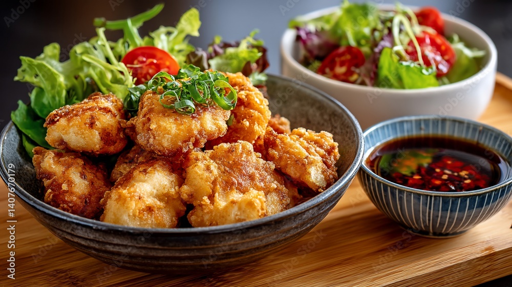 Delicious, golden-fried chicken with a side of fresh greens and a flavorful sauce Delicious, golden-fried chicken with a side of fresh greens and a flavorful sauce