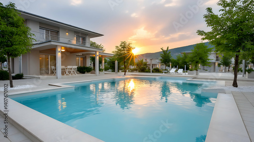 Wallpaper Mural Sunset view of modern house with pool and patio Torontodigital.ca