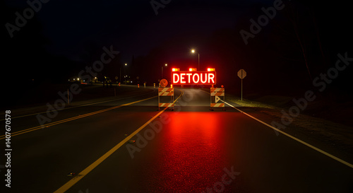 Illuminated Detour Sign Directing Traffic on a Dark and Empty Road