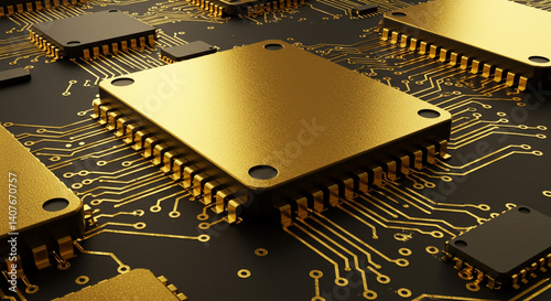 Luxurious gold microchips on a dark circuit board showcasing advanced technology and elegant design
