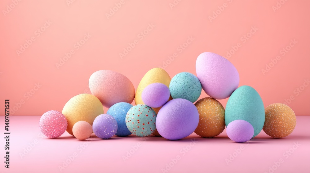 Fototapeta premium Easter decoration handmade crafts seasonal centerpieces. Pastel Easter Eggs Arrangement on Pink Background Sweet Holiday Season Festive Spring Celebration.