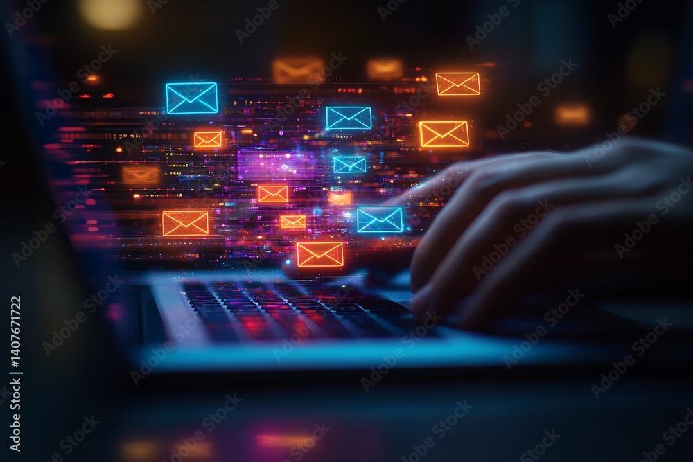 Illuminated email notifications emerging from a laptop showcasing dynamic digital mail interaction : Generative AI