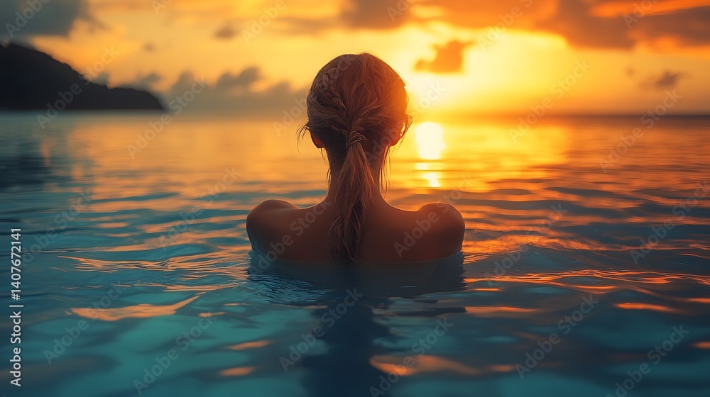 Idyllic sunset featuring a woman immersed in warm water with striking reflections and colors : Generative AI