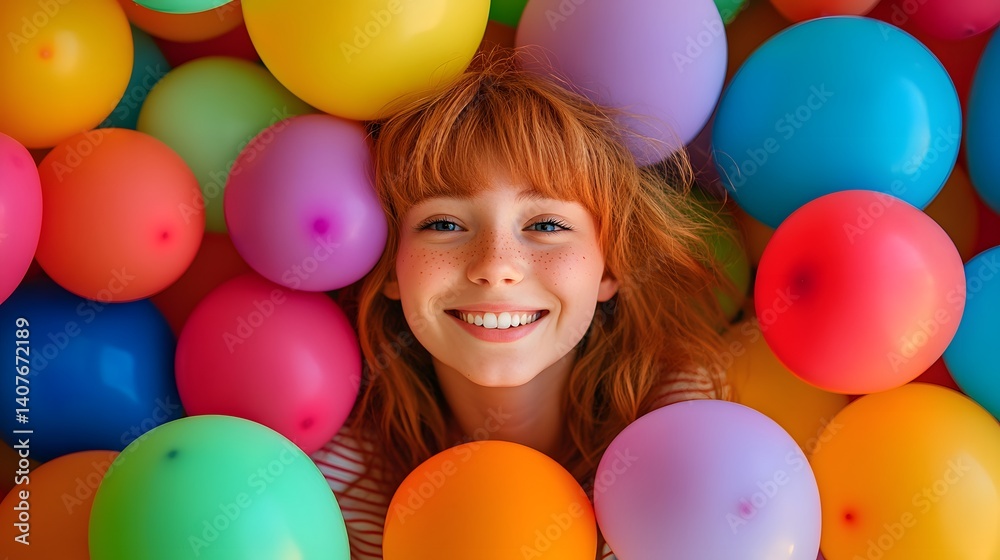Obraz premium A young woman surrounded by colorful balloons representing a colorful future full of dreams