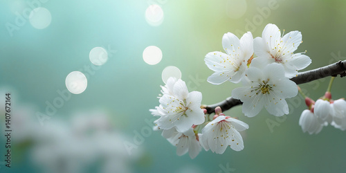 Serene White Cherry Blossoms in Bloom – Delicate Springtime Elegance on a Soft Pastel Background