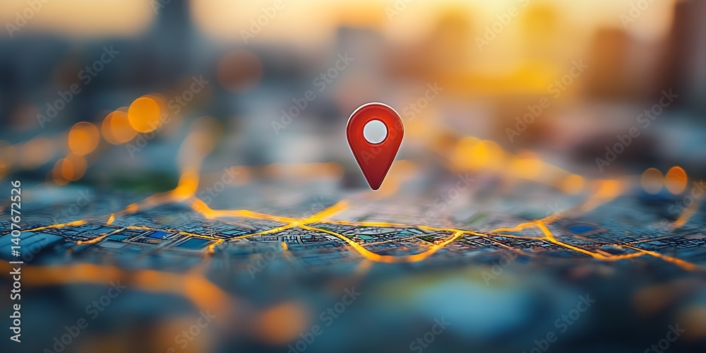 A Striking Location Pin Icon Overlooking a City Map During Golden Hour : Generative AI