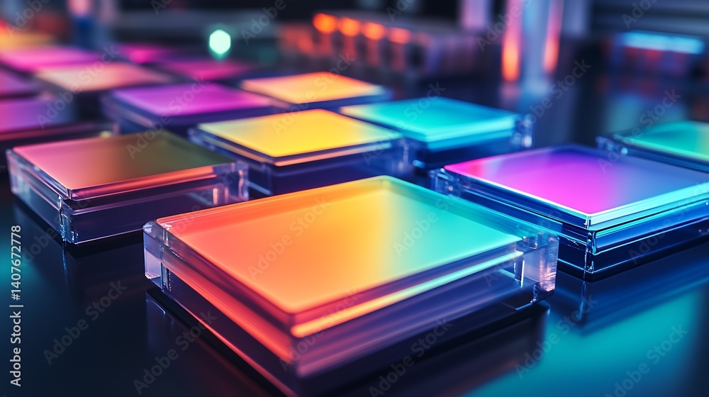 Multiple colorful glass plates radiating mesmerizing hues in a dynamic and artistic composition : Generative AI