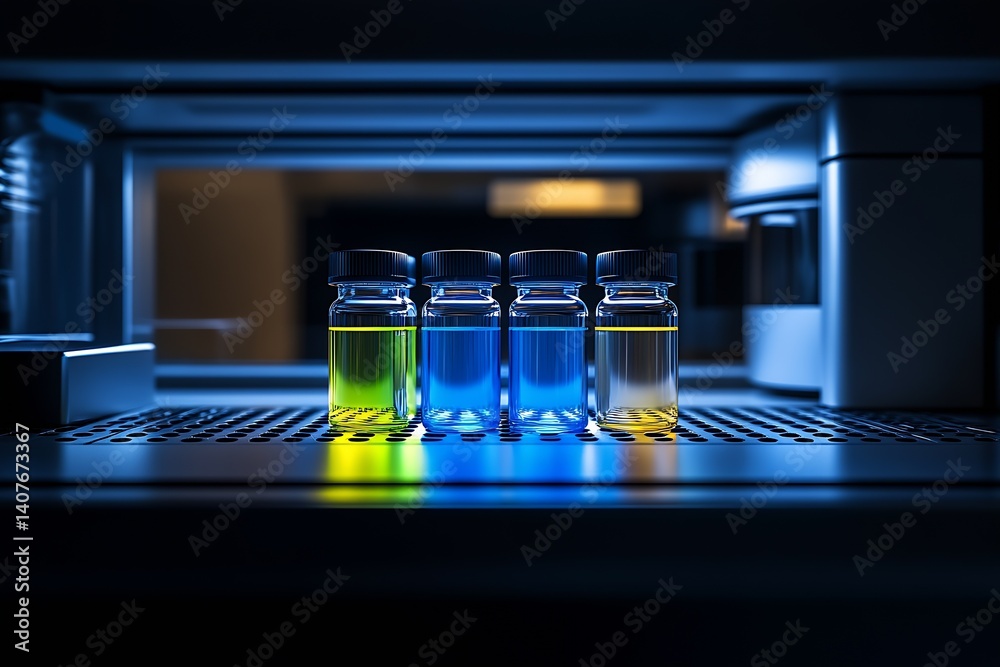 Colorful liquid vials on a lab shelf illuminated by soft blue and yellow lighting creating a vibrant scientific atmosphere : Generative AI