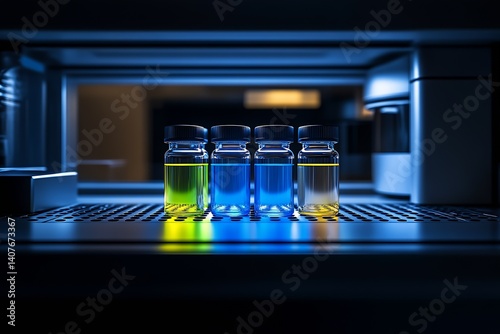 Obraz na płótnie Colorful liquid vials on a lab shelf illuminated by soft blue and yellow lighting creating a vibrant scientific atmosphere : Generative AI w salonie