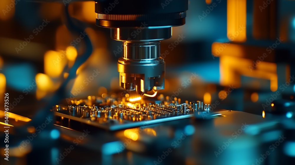 Intricate view of a high-tech microscope inspecting electronic components on a circuit board with ambient light : Generative AI