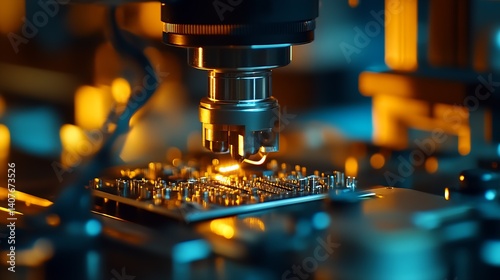 Obraz na płótnie Intricate view of a high-tech microscope inspecting electronic components on a circuit board with ambient light : Generative AI w salonie
